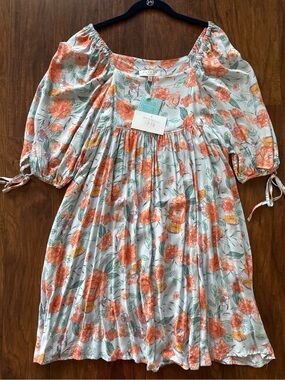 Hayden - Palmer Coral Floral Puff-Sleeve Dress on Pale Blue